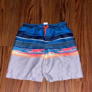 Blue & Gray Striped Boys Swim Trunks with Orange Accent